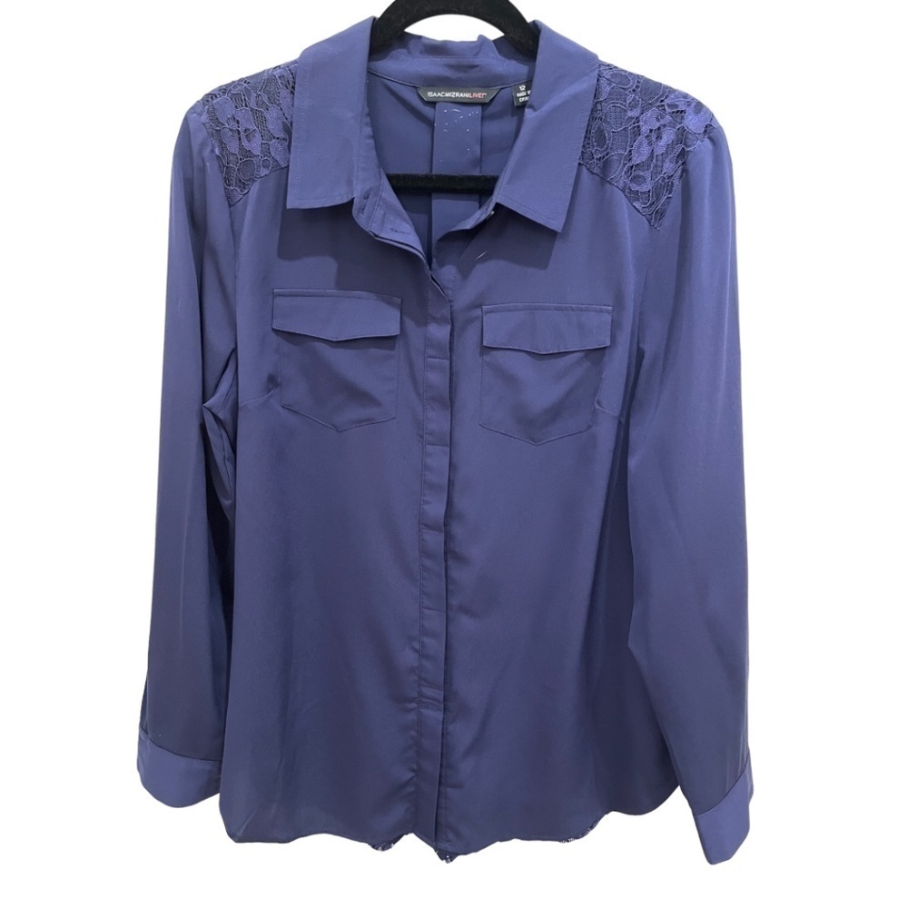 Isaac Mizrahi Woven Utility Blouse With Lace Back Blue A287383 Size 12